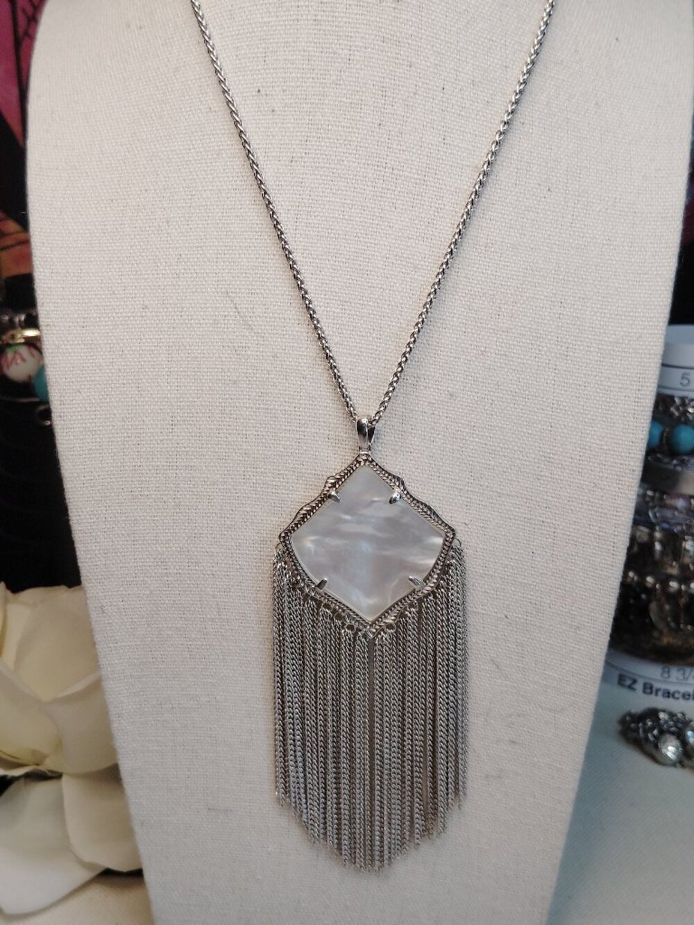 Kendra Scott Kingston Long Pendant Necklace • MOP • Silver Tone • Fringe